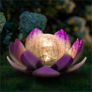 Purple Lotus Solar Light, Waterproof LED Crackle Globe Glass Flower Light
